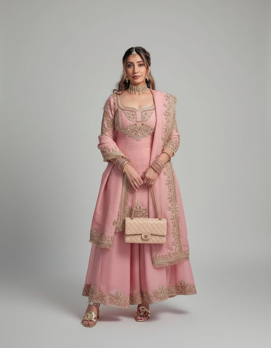 Woman in a pink traditional outfit standing on a checkered floor with plants and vehicles in the background.