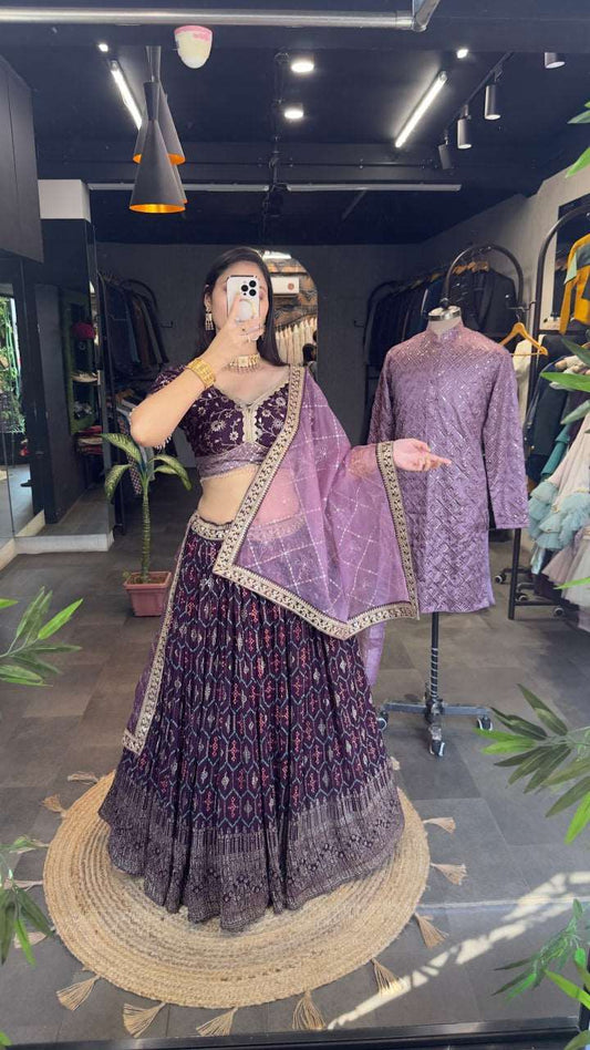 Heavy georgette wine colour lehenga choli with blouse and dupatta fully stitched & Men kurta
