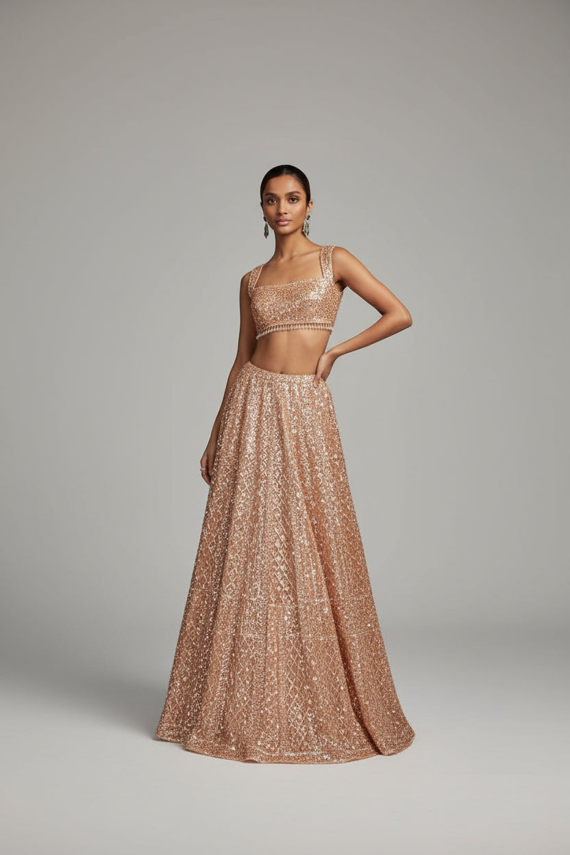 Woman in a sparkling dress stepping out of a black taxi in an urban setting.