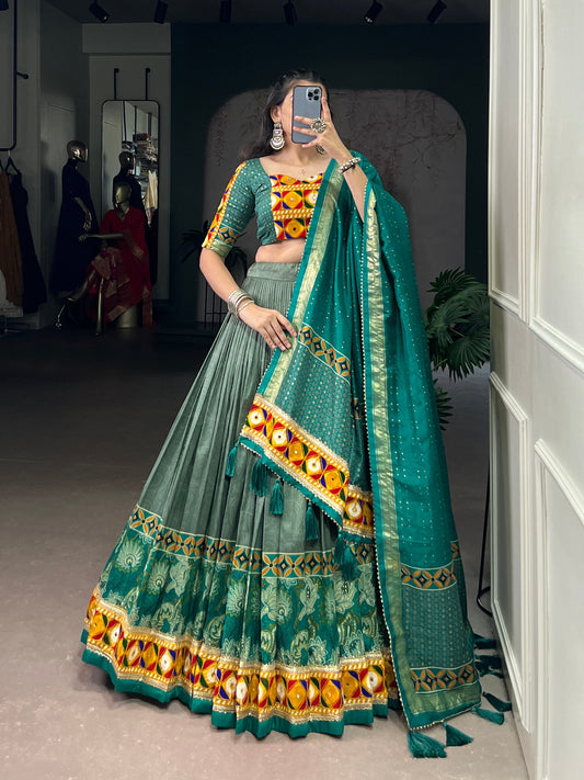 Varni - Beautiful Gamthi Work Printed Silk Chaniya Cholis Fully Stitched