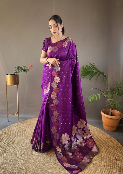 Palki - Soft Silk Copper and Gold Zari Weaving Flower Weaved Saree with Stitched Blouse Options
