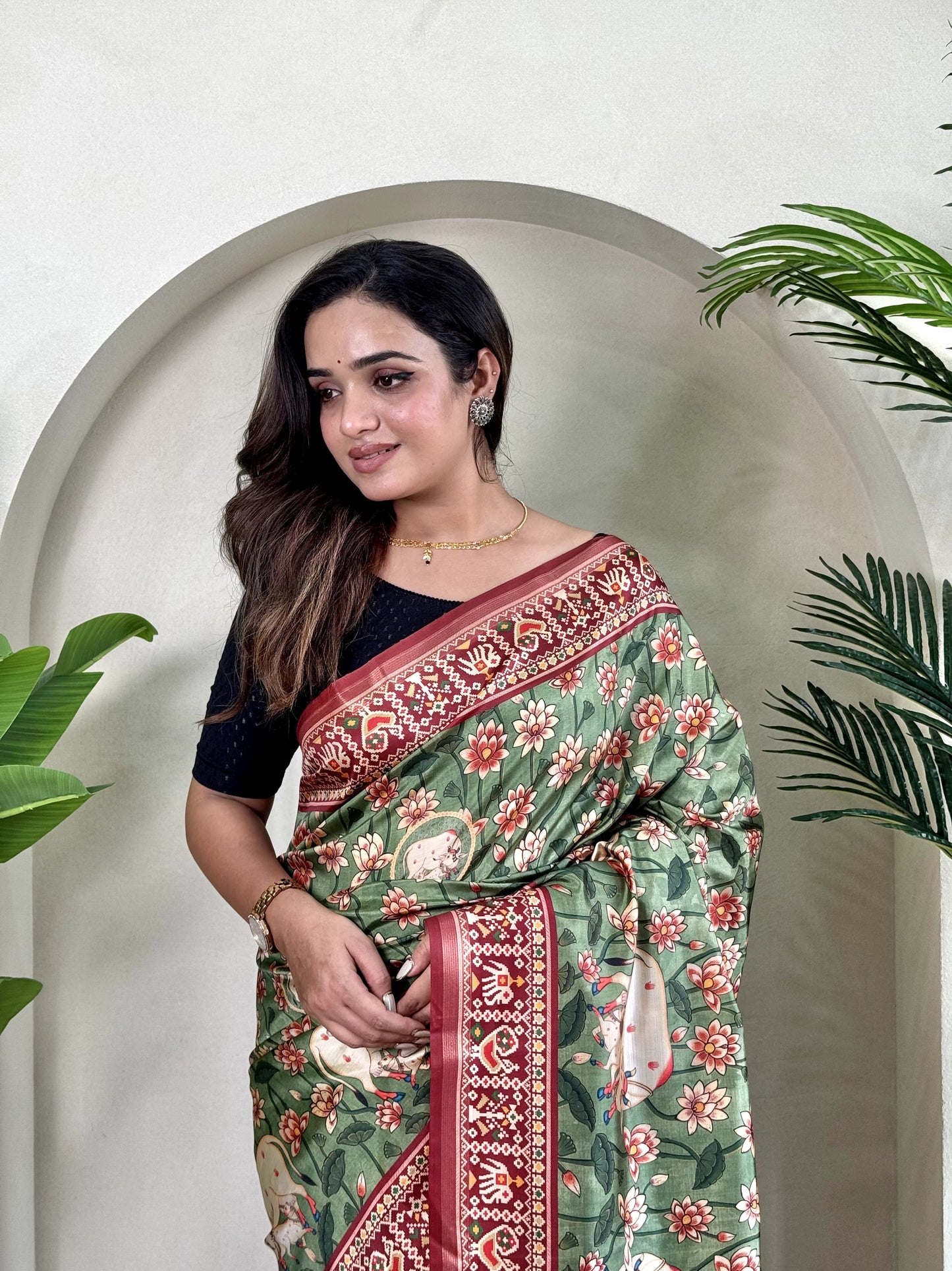 Ramya - Beautiful Dola Silk Printed Saree with Stitched Blouse Options