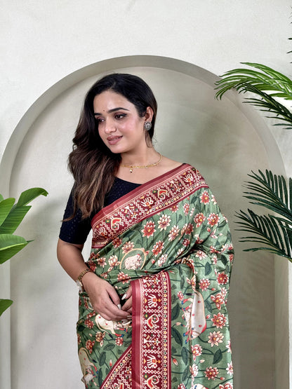 Ramya - Beautiful Dola Silk Printed Saree with Stitched Blouse Options