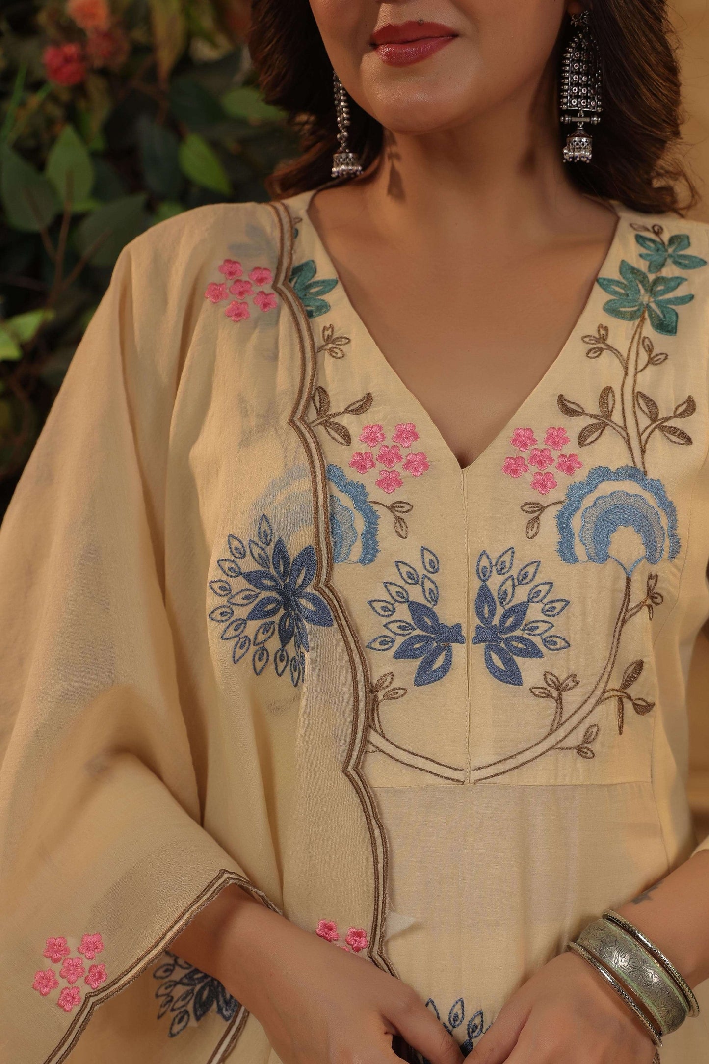 Nikita - Premium beige Chanderi Silk Anarkali Suit Fully Stitched