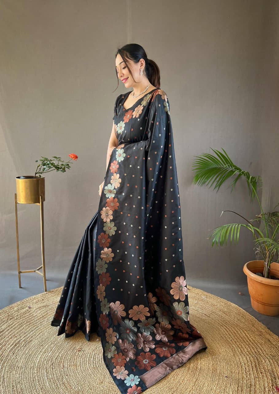 Palki - Soft Silk Copper and Gold Zari Weaving Flower Weaved Saree with Stitched Blouse Options
