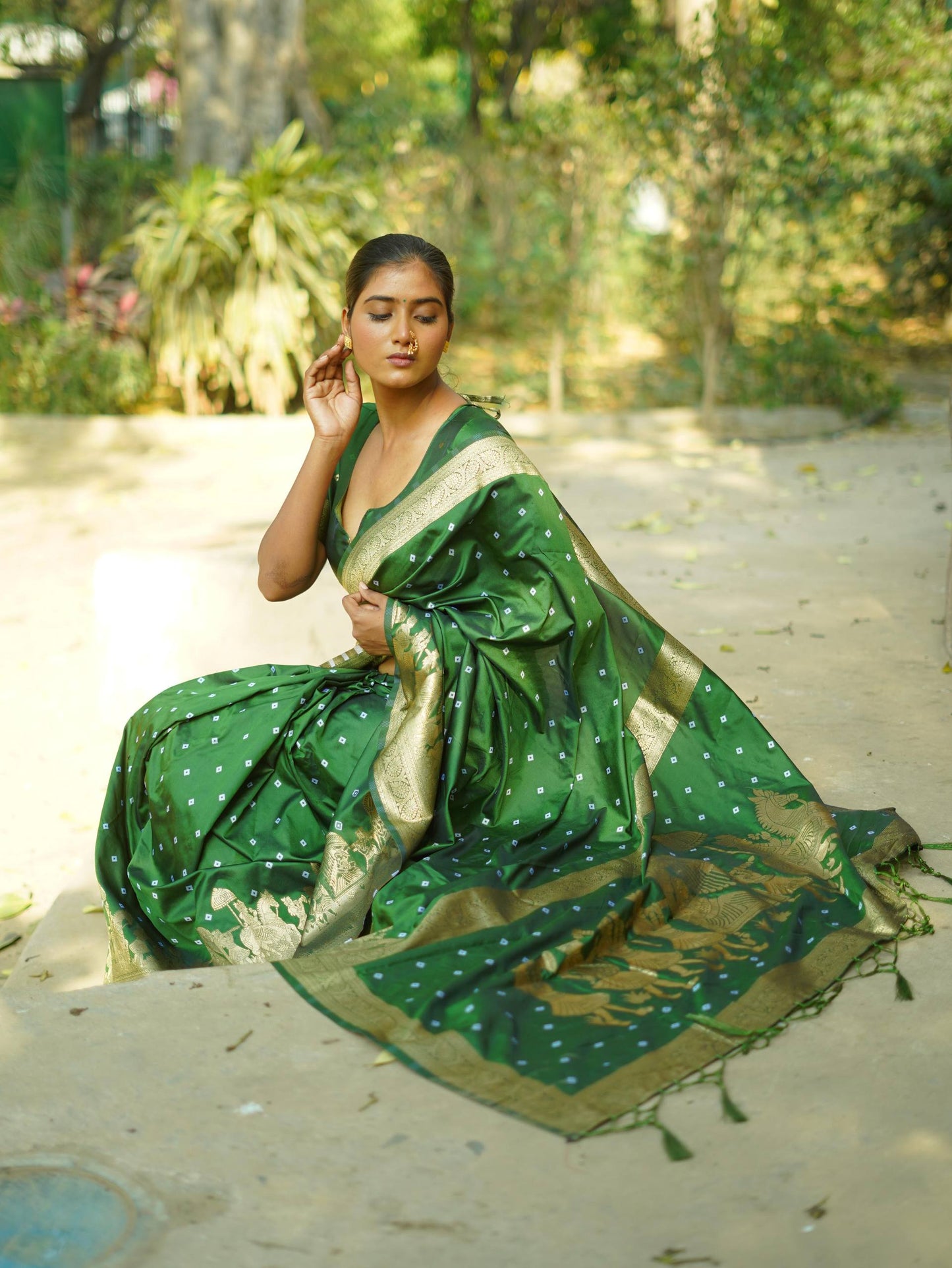 Apsara - Soft Silk with Hand Bandhej Pattern Gold Border Paithani Saree with Stitched Blouse Options