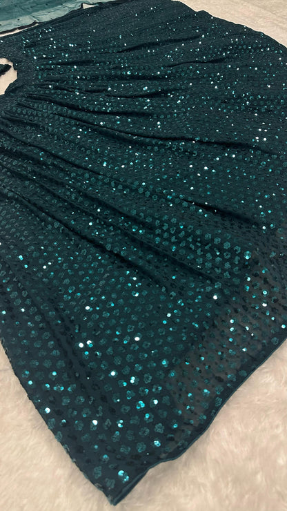 Emerald Green Georgette Sequins Work Lehenga Fully Stitched
