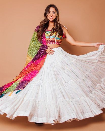 White Rainbow Soft Georgette Fully Stitched Lehenga Choli with Dupatta