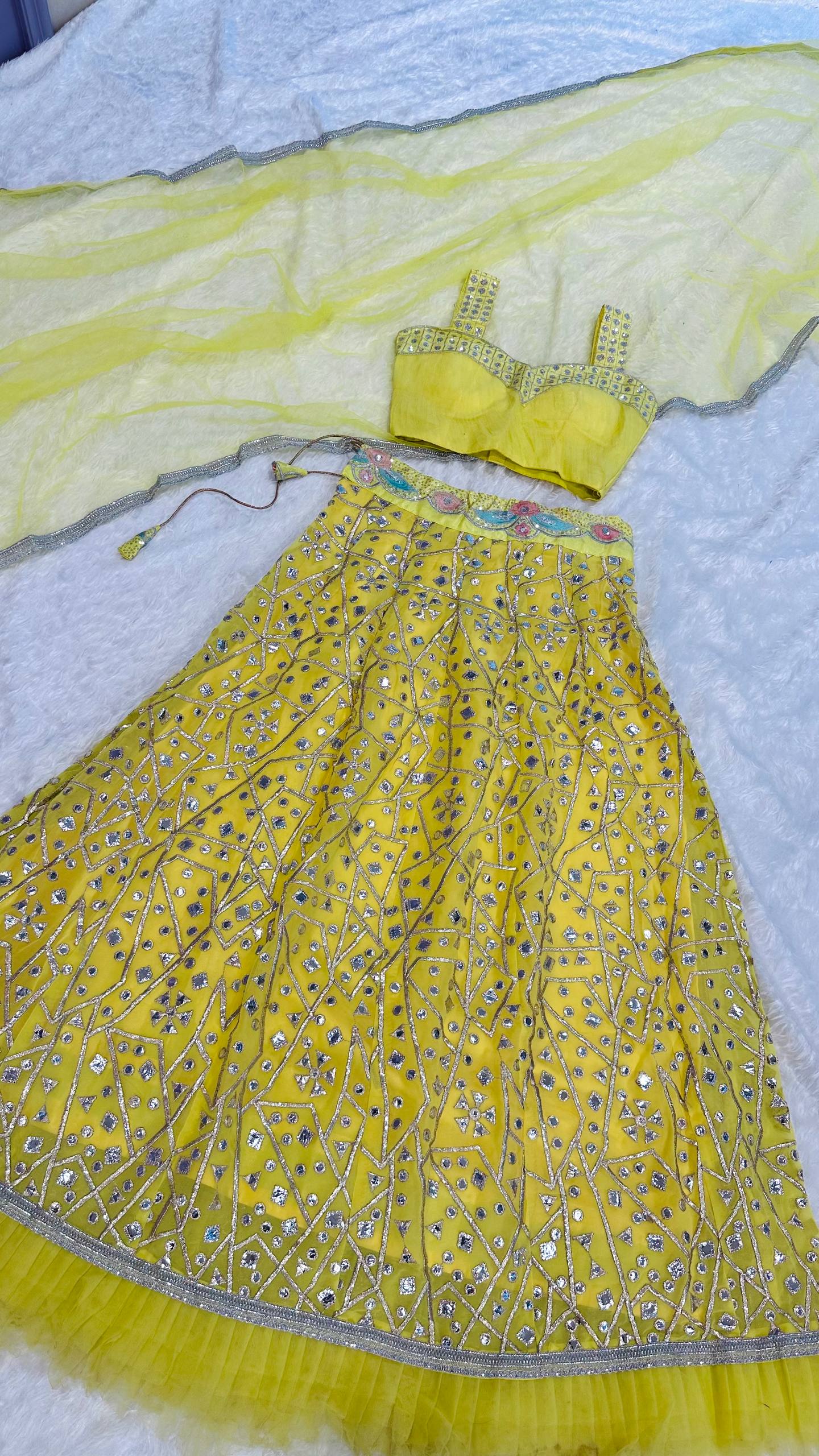 Yellow Georgette Lehenga with Zari Work & Ruffle Border Fully Stitched