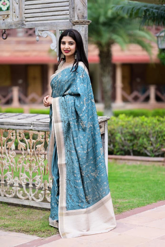 Evika - Premium Tussar Cotton Saree with Cut Work & Stitched Blouse
