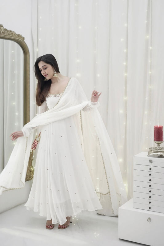 Classis White Premium Anarkali Suit with Minimal Embroidered Work Best for All occasions