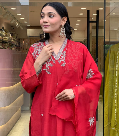 Cherry Red Beautiful Embroidery at Neck Kurti Set Fully Stitched