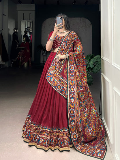Gamthi Print and Embossed Lace Silk Chaniya Cholis for Navratri Fully Stitched