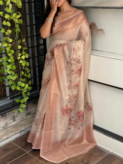 Mohini - Pure Soft Silk Floral Printed Peachy Orange Saree with Stitched Blouse Options