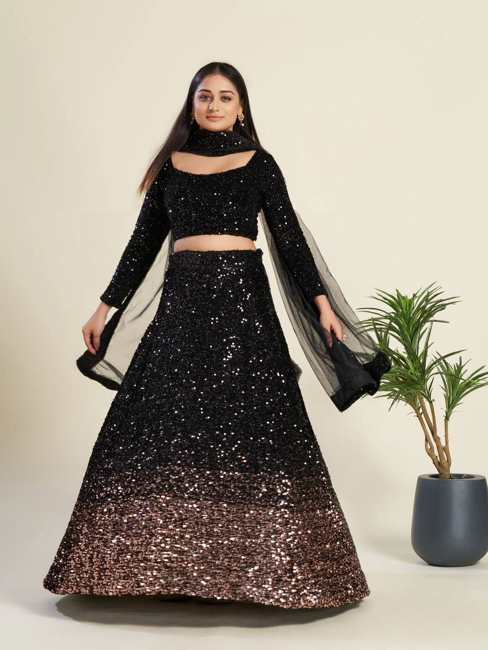 Bahaar - Black and Gold dual tone fully sequenced Lehenga fully stitched