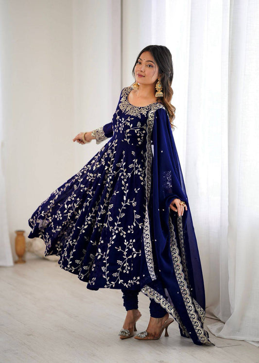 Preeva - Navy Blue Soft Georgette with Full Embroidery Gown Fully Stitched