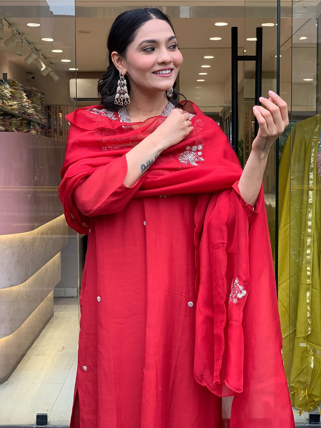 Cherry Red Beautiful Embroidery at Neck Kurti Set Fully Stitched