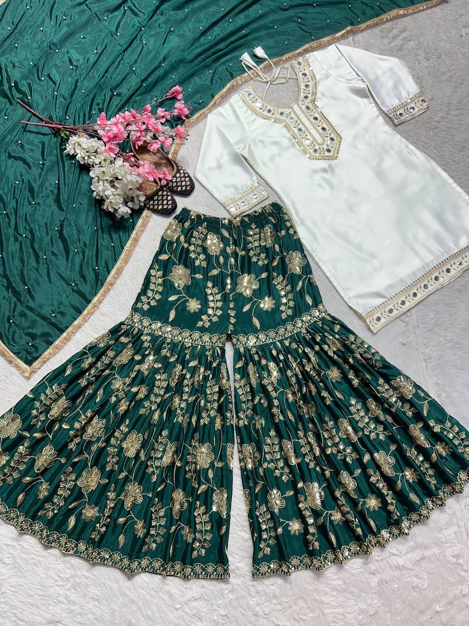 Green & White Punjabi Sharara set with Paper mirror work fully stitched