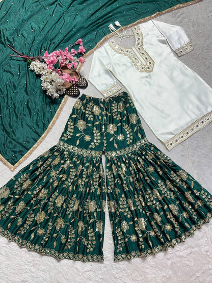 Green & White Punjabi Sharara set with Paper mirror work fully stitched