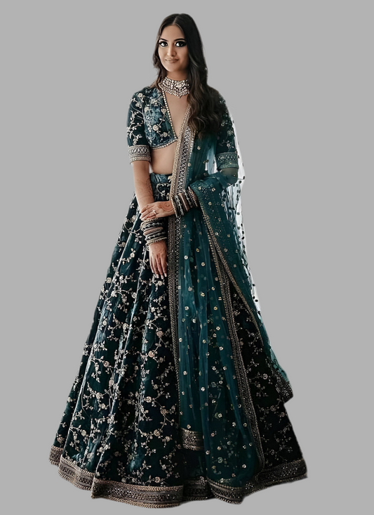Dark Green Velvet Fabric Heavy Fully Stitched Lehenga