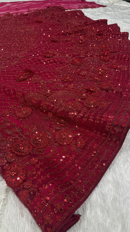 Rose Red Premium Floral Embellished With Pearl Work Lehenga