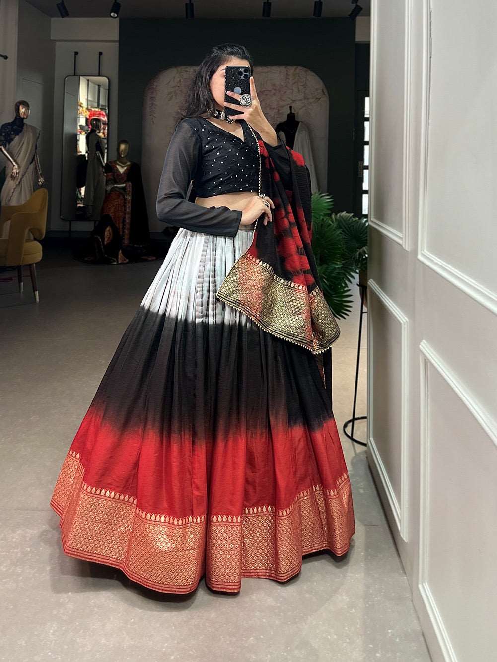 Multicoloured fully stitched pure chanderi fabric lehenga