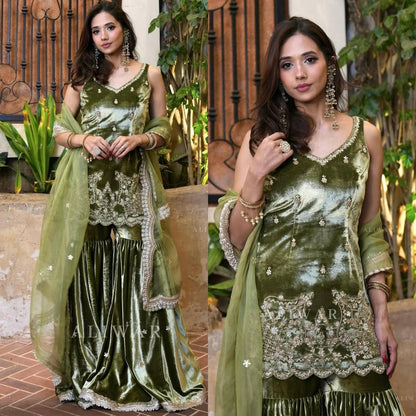 Mahendi Sharara Set fully stitched Premium Velvet fabric