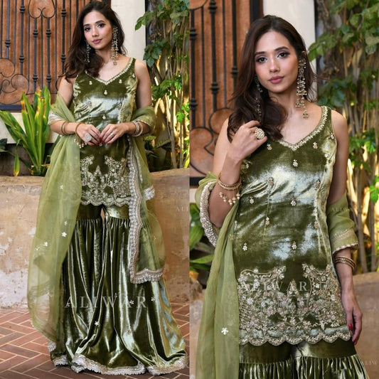 Mahendi Sharara Set fully stitched Premium Velvet fabric