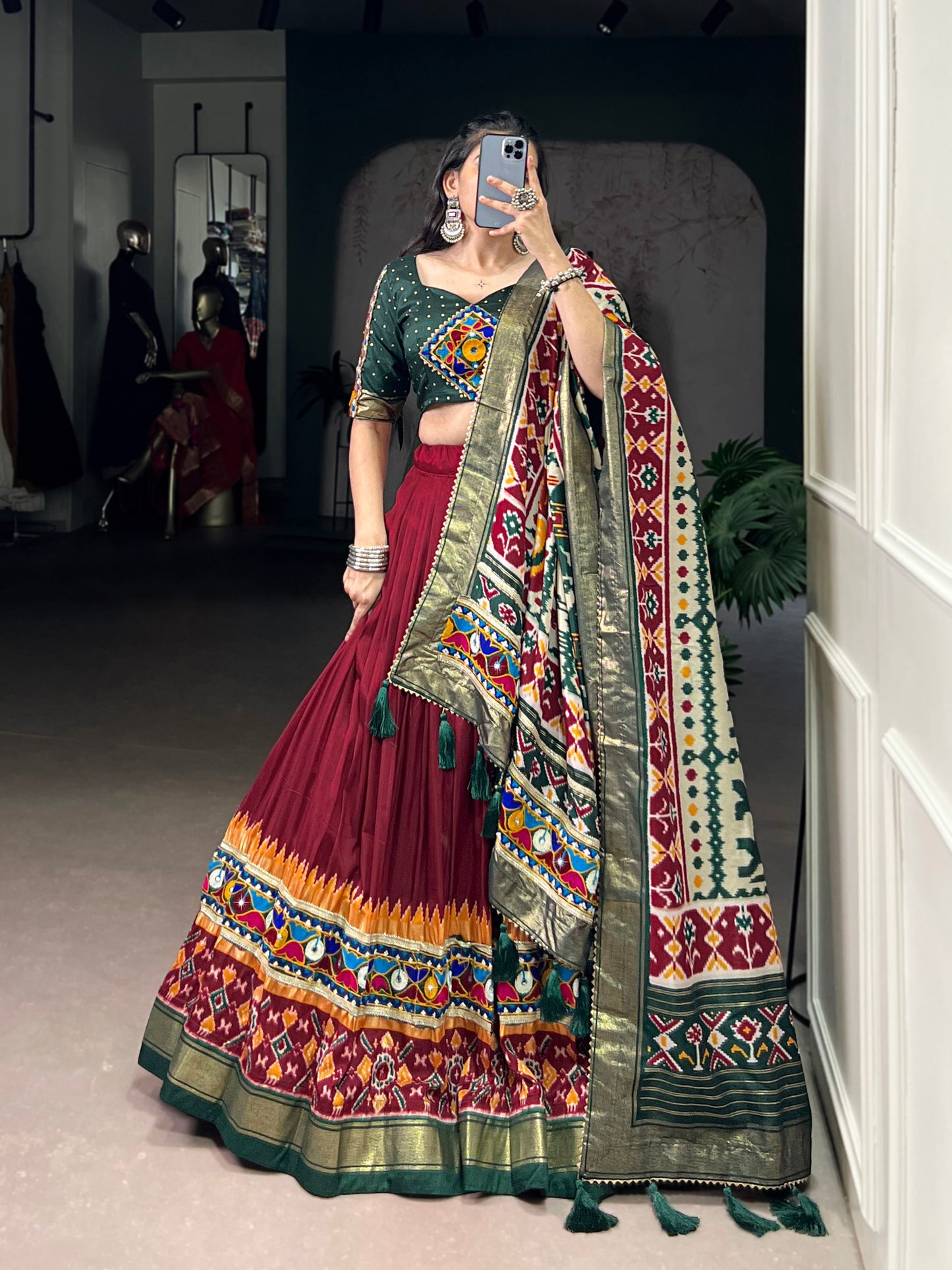 Saheli - Beautiful Gamthi Work Tasar Silk Lehenga Choli for Navratri
