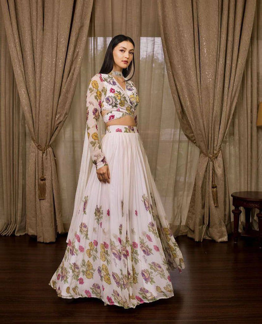Premium off white printed fully stitched lehenga