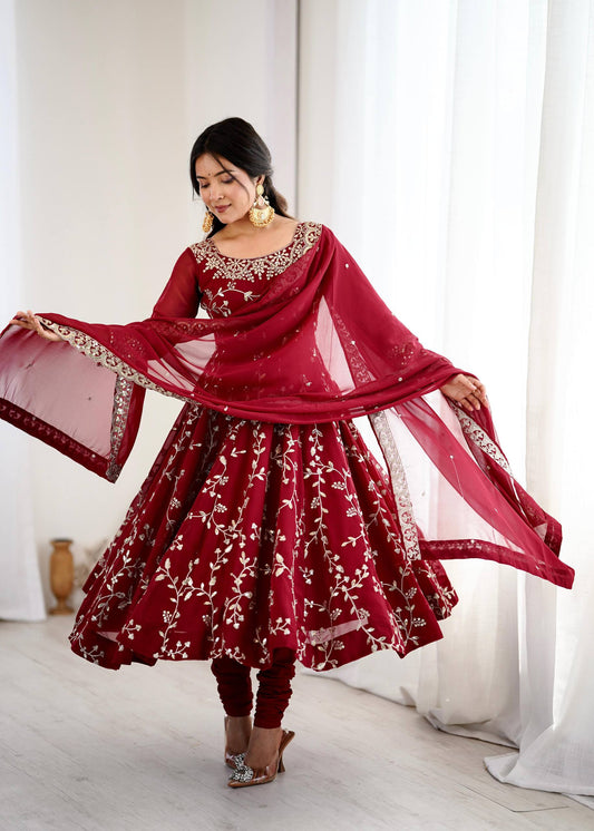 Preeva - Cherry 🍒 Pink  Soft Georgette with Full Embroidery Gown Fully Stitched