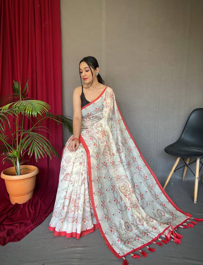 Premium White Cotton Sarees with Katha Prints with Fully Stitched Blouse
