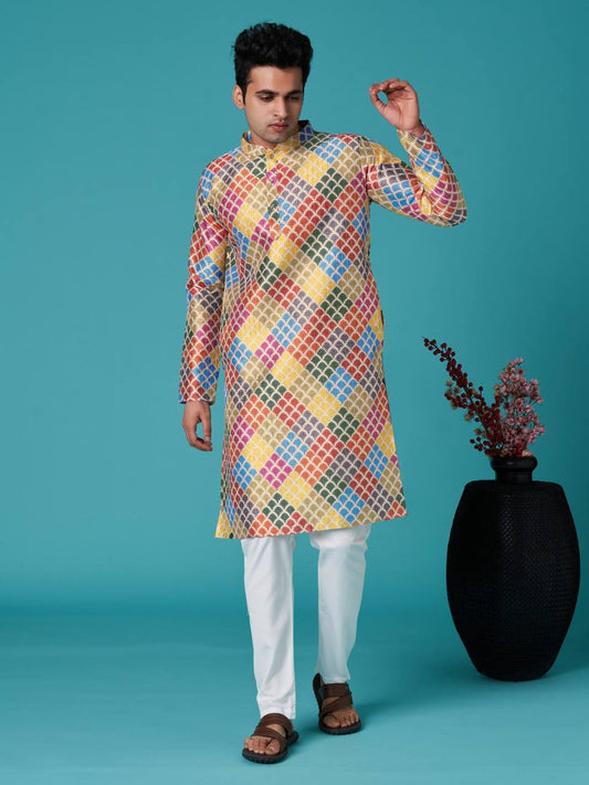 Men's colourful indian ethinic print cotton kurta with pant