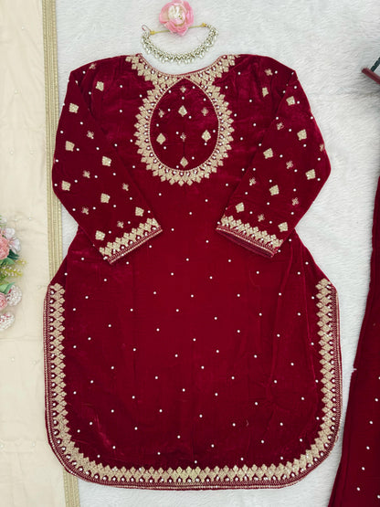 Pure Velvet Maroon Pink Punjabi Suit with Plazo Fully Stitched