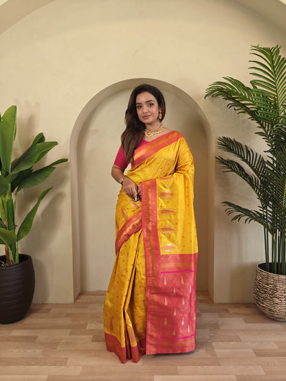 Mustard Yellow Pure Paithani Silk Saree with rich weaving with Stitched Blouse