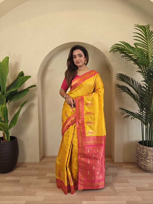Mustard Yellow Pure Paithani Silk Saree with rich weaving with Stitched Blouse
