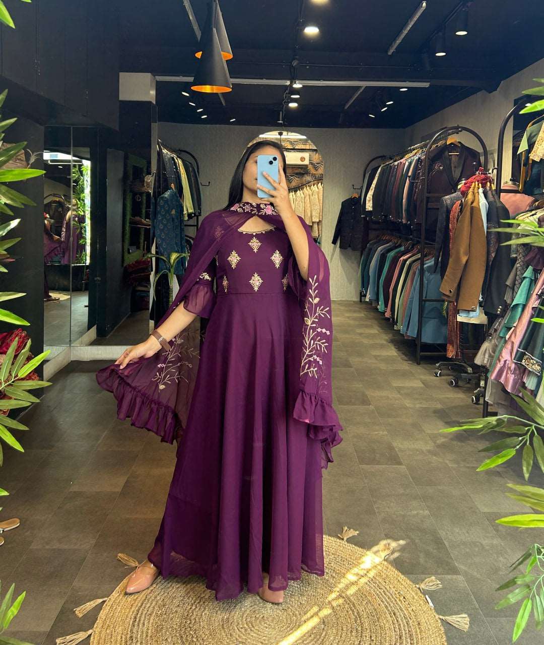 Beautiful wine colour gown with shrug fully stitched