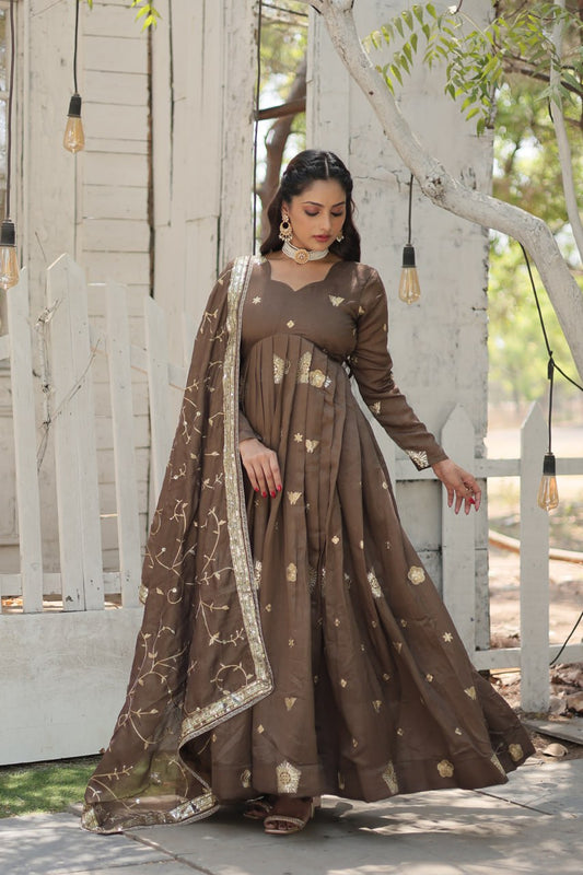 Premium Vichitra Silk Brown Fully Stitched Gown