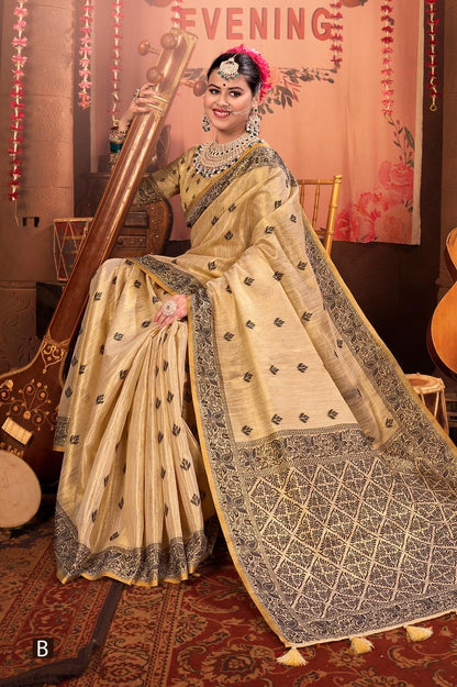 Megha - Premium Linen Saree with Jacquard Weaving Pattern with Fully Stitched Blouse as per Your Style