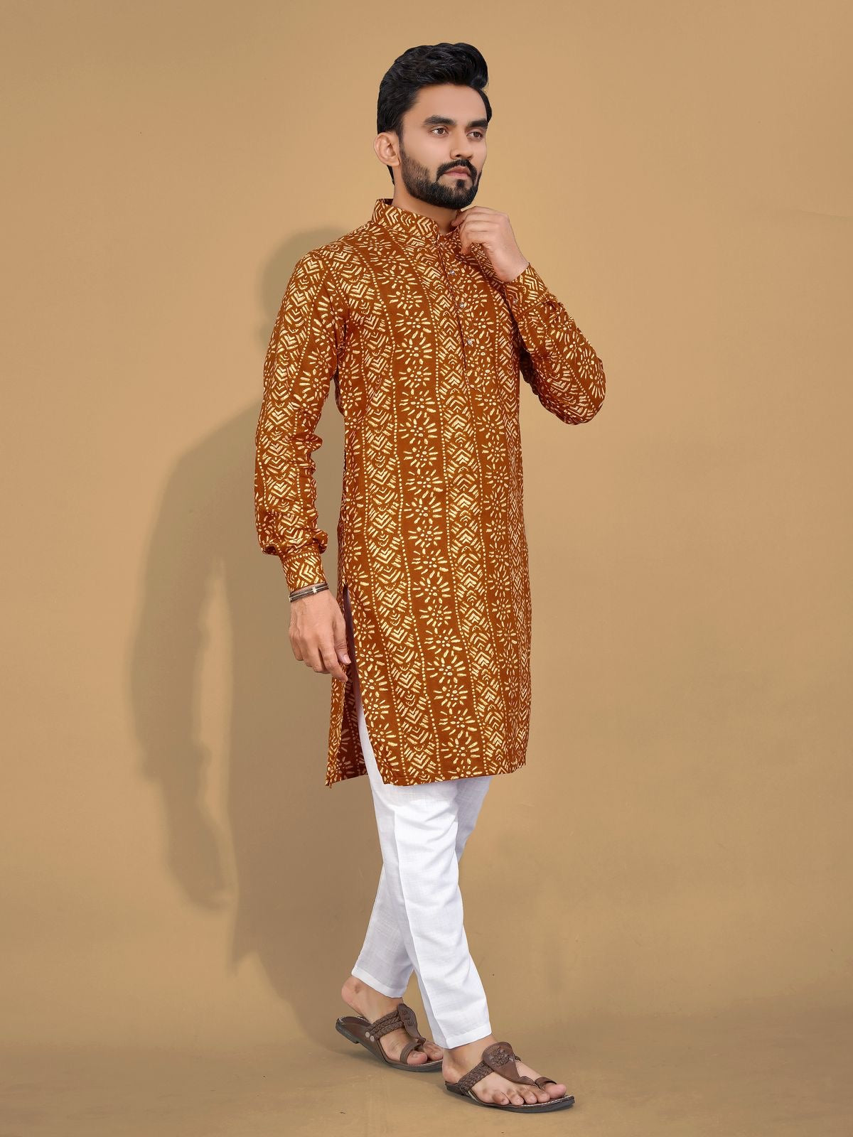 Soft & Comfy Cotton With Foil Print Men's Kurta with Cotton Pajama
