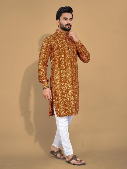 Soft & Comfy Cotton With Foil Print Men's Kurta with Cotton Pajama