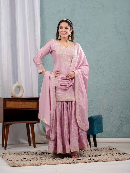 Pure Chinon Silk Embroidered Sharara Set in 4 beautiful Colours Fully Stitched