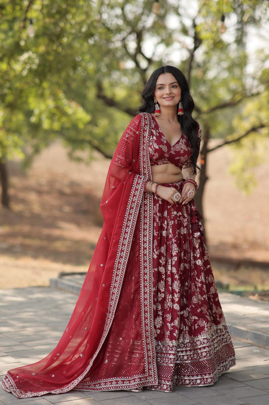 Premium Maroon Embroidered work fully Stitched Lehenga