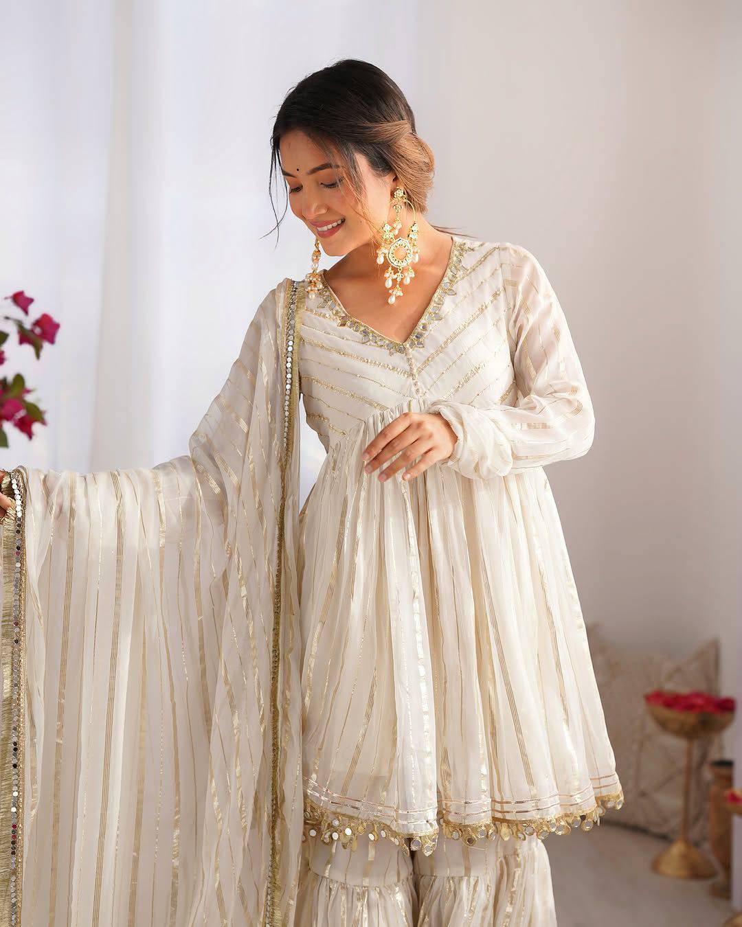 Erika - Premium Soft Mal Fabric White Elegant Sharara Suit Fully Stitched