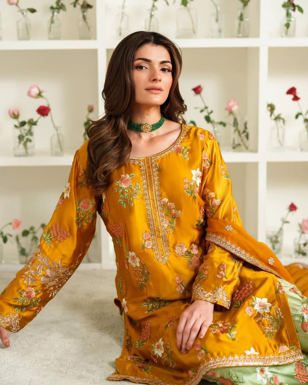 Mustard & Mahendi Floral Embroidery Salwar Suit Fully Stitched