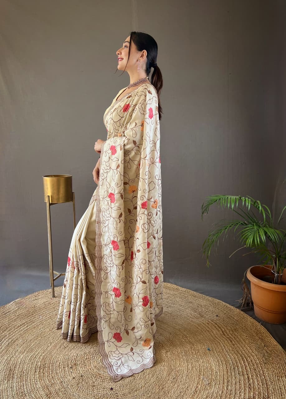 Kamya - Pure Tussar Silk with Jaal Embroidery Weaving with Stitched Blouse Options