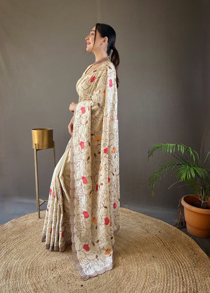 Kamya - Pure Tussar Silk with Jaal Embroidery Weaving with Stitched Blouse Options