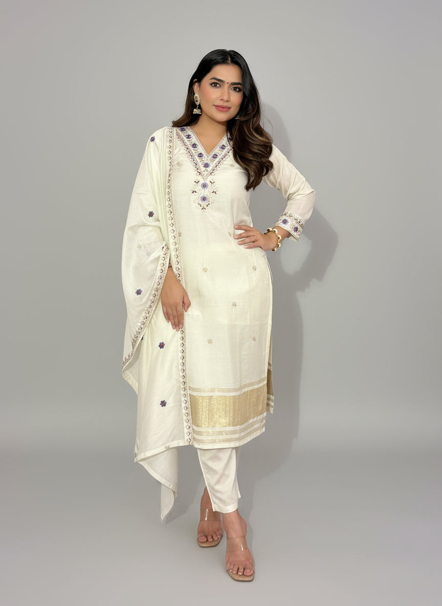 Hetvi - Off white Premium Silk Kurti Set with Gold Patta for all occasions