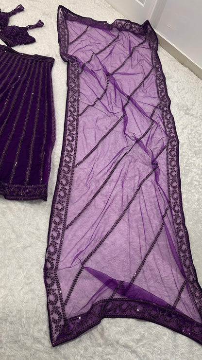Purple & Wine Beautiful Net Lehenga with Premium Sequins and Dori Work Fully Stitched