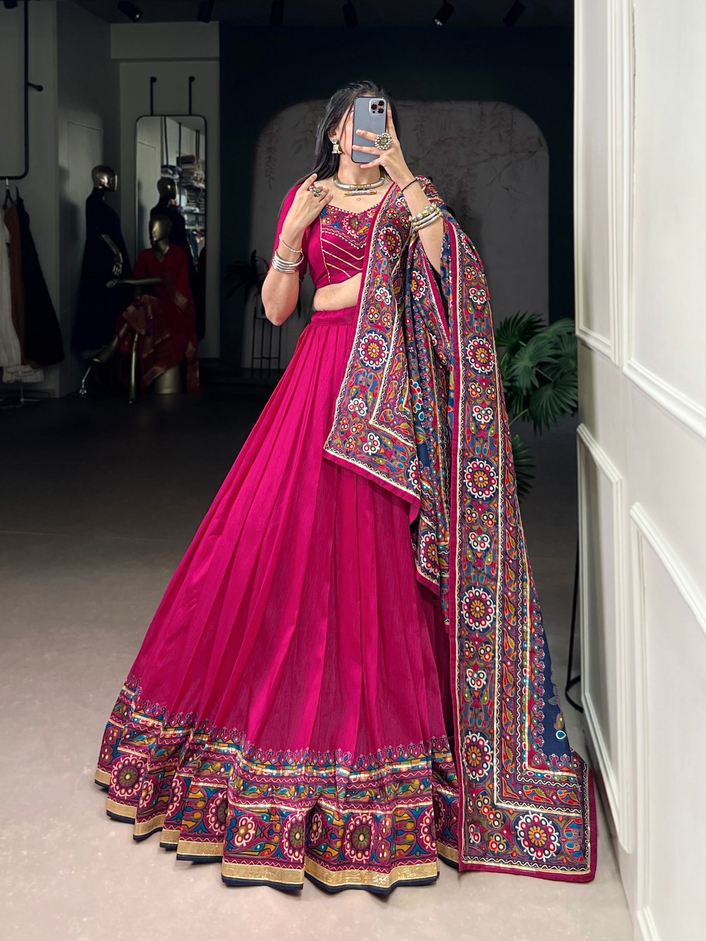 Gamthi Print and Embossed Lace Silk Chaniya Cholis for Navratri Fully Stitched